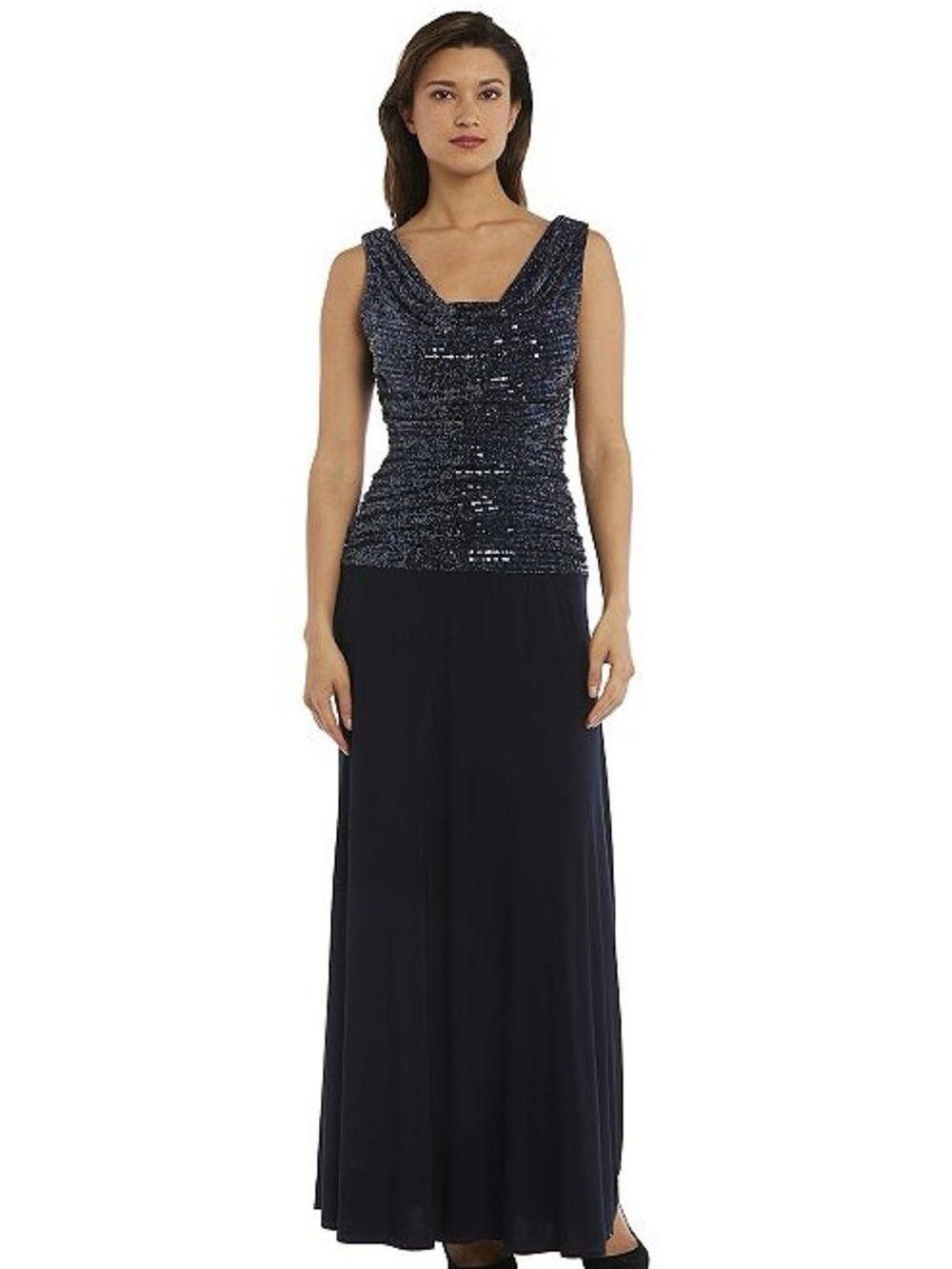 R&M Richards 10P Navy Blue Silver Metallic Sequined ALine Cowl Neck Formal Dress